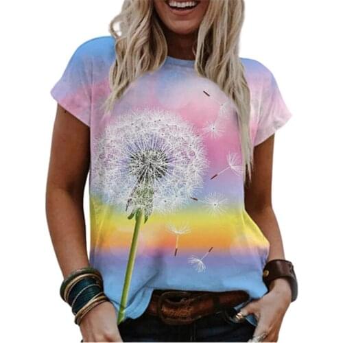 Summer T-shirt Womens New Floral Print Round Neck Short Sleeve Loose T-shirt Fashion Clothes Femme Wn
