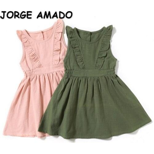 2021 Hot Sale New Summer Kids Girl Dress Sleeveless Ruffles Linen Cotton Princess Preschool Sundress Children Clothes E033