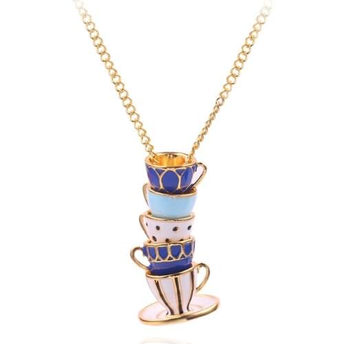Fashion Hand Made Sweater Chain Clothing Accessories Long Necklace Enamel Jewelry Tea Cup Necklace Pendant Woman