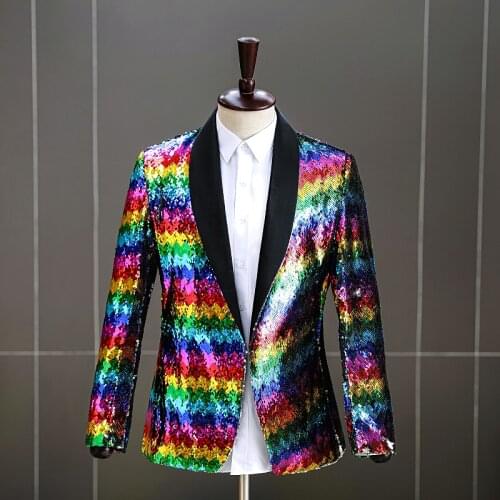 Men Rainbow Sequins Stripes Blazers Bar Nightclub DJ Singer Dancer Performance Suit Jacket Stage Costume Magician Shiny Tuxedo