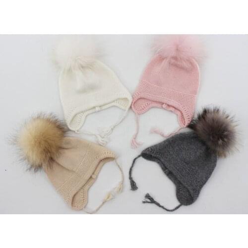 0-1Y Angora Blend Soft Baby Hats and Caps for Girls and Boys with Fluffy Fur Pompom