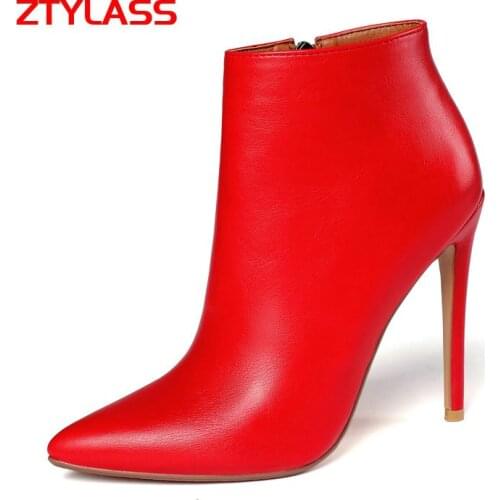 Sexy Thin High Heel Ankle Boots Autumn Women Boots Fashion Pointed Toe Zipper Short Boots Winter Shoes Black Beige Red