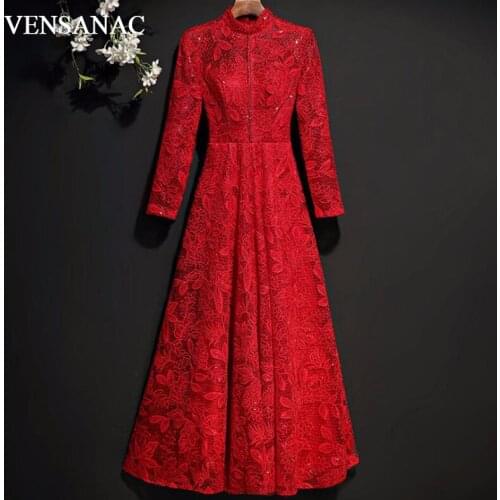 VENSANAC Vintage High Neck Red Embroidery A Line Sequined Long Evening Dresses 2018 Lace Long Sleeve Party Prom Gowns