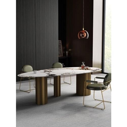 Italy Style Luxury Brpnze Stainless Steel Oval Marble Slab Top Dining Room Table Home Furniture Dining Table