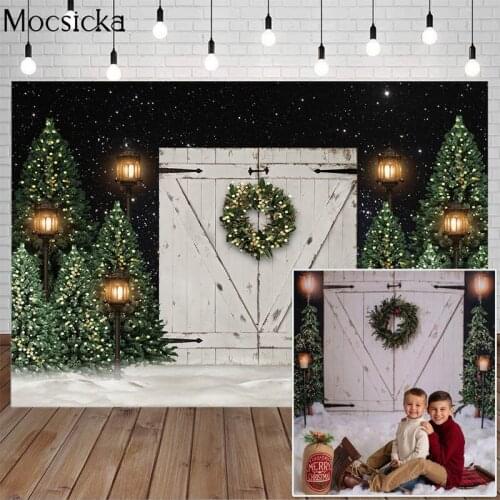Merry Christmas Photography Background Street Lamp Vintage Door Winter Snow Portrait Backdrop Xmas Trees Wreath Birthday Photo