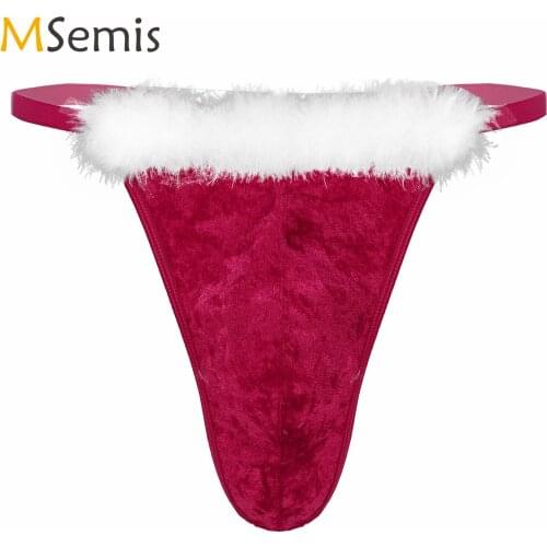 Christmas Mens Underwear Sexy Feather Trimming Velvet Bulge Pouch G-string Male Low Waist T-back Thongs Lingerie Underwear