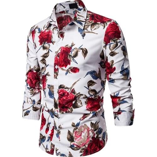 2019 New Rose Pattern Mens Shirt Linen Long Sleeve Wedding Dress Shirts Fashion Show Dance Groomsman Men Autumn Printing Shirt
