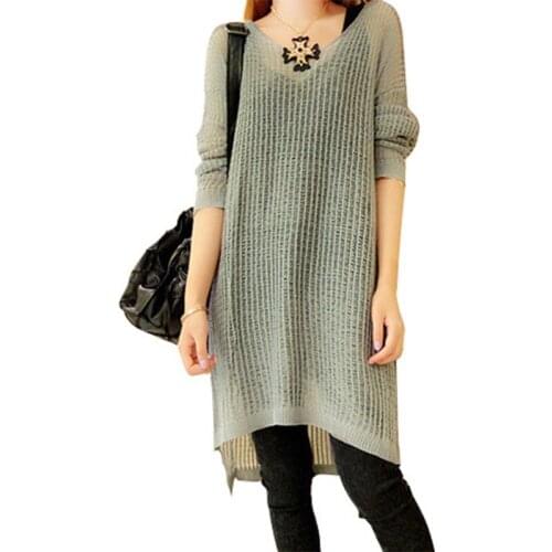 Long-sleeved Knit Sweater Dress Slit Spring Long Pullover Women New Korean Loose Pull Thin Hollow Jumper Dresses Vestidos LXJ066