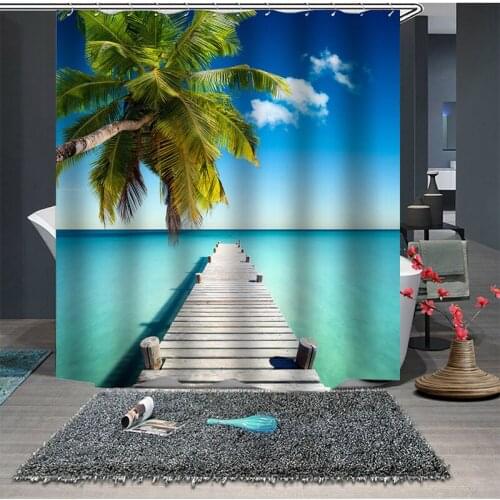 Sea View Beach Thickened Waterproof and Mould Proof Polyester Bathroom Curtain Personalized Creative Home Shower Curtain Print