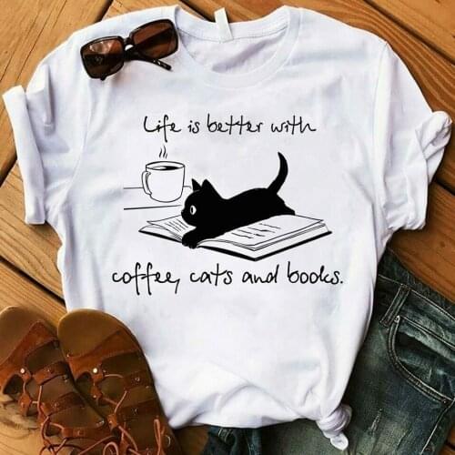 Life is Better With coffee Cats t-shirt women funny graphic Fashion grunge tumblr hipster 100% Cotton unisex tee top tshirts fit