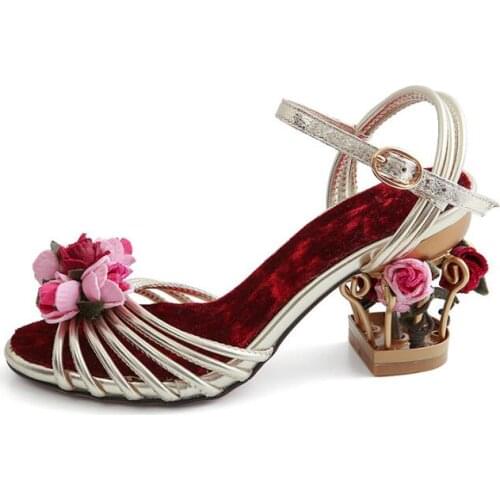 Moraima Snc Gold Leather High Heel Sandal Rose Flower Decorations Caged Style Woman Shoes Peep Toe Ankle Strap Dress Heels