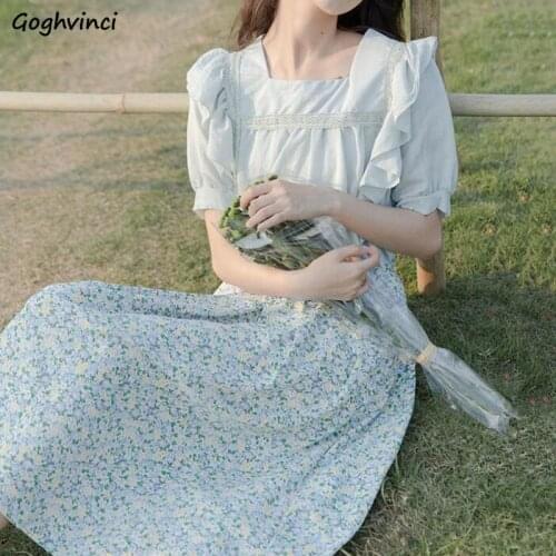 Women Sets Puff Sleeve Square Collar Elegant Summer Female Leisure Flora Mid-calf All Match Simple College Holiday 2021 Outfit