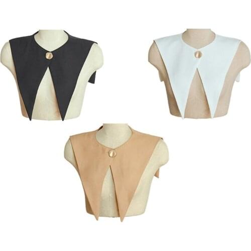 68UA Women Vintage O-Neck False Collar Shawl Button Closure Triangular Scarf Necklace Wrap Preppy Style Solid Dickey Poncho