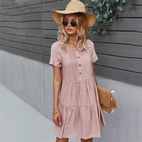 Spring New Solid Short Dress Women Nice Casual o Neck Button Summer Dress Ladies High Waist Loose Short Sleeve a Line Dresses