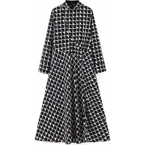 Womens autumn print half turtleneck A-line dress female Europe style chic loose long sleeve pullovers mid-length dress TB3959