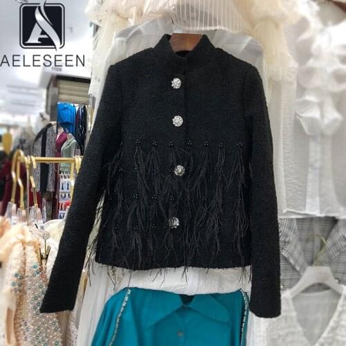 Winter Runway Fashion Autumn High Quality Designer Tassel Beading Feather Black White Holiday Party Jacket