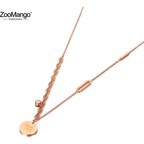 ZooMango Trendy Goth Stainless Steel CZ Crystal Good Luck Pendant Necklaces Bohemia Chain Link Choker Necklace For Women ZN20061