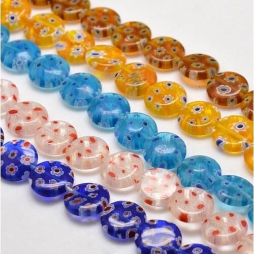 10 Strands Millefiori Lampwork Glass Beads Mix Color Flat Round Bead Lampwork Flower Beads For Jewelry Making Diy Crafts 12x4mm