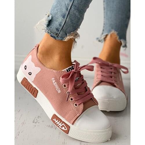 2021 Woman Vulcanized Shoes Women Flats Canvas Female Cartoon Cat Womens Platform Sneakers Ladies Board Shoes Round Toe