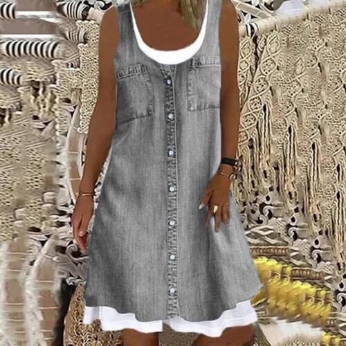 Summer Beach Dress Women Vintage Denim Printed Dresses O-neck Sleeveless Sundress Loose Fake Two Dress 2021 Vestidos De Verano