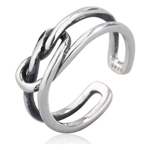 Personality Vintage Real 925 Sterling Silver Adjustable Minimalist Hollow Knotted Heart Rings for Women Finger Ring Fine Jewelry