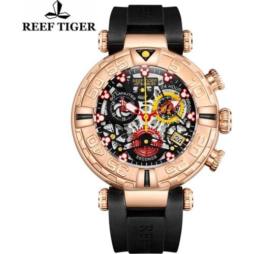 Reef Tiger Original Men Fashion Casual Chronograph Japan Quartz WristWatch Date 3D Stereo Skeleton Sapphire Crystal Reloj Hombre