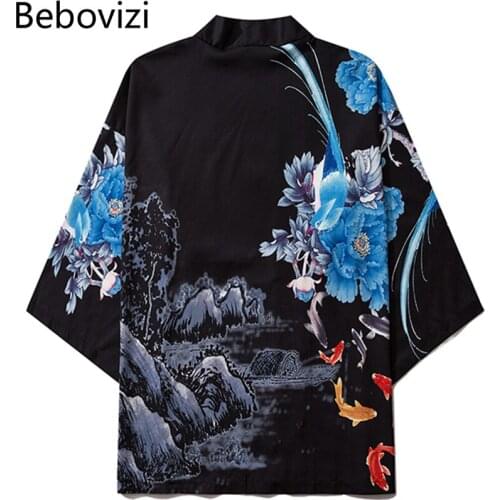 Bebovizi Chinese Style Print Kimono Men Women Cardigan Beach Yukata Japanese Harajuku Streetwear Male Tradition Asian Clothing