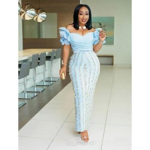 Sky Blue Muslim Evening Dresses Sheath Off The Shoulder Beaded Dubai Saudi Arabia Long Prom Dress Gown Robe De Soiree