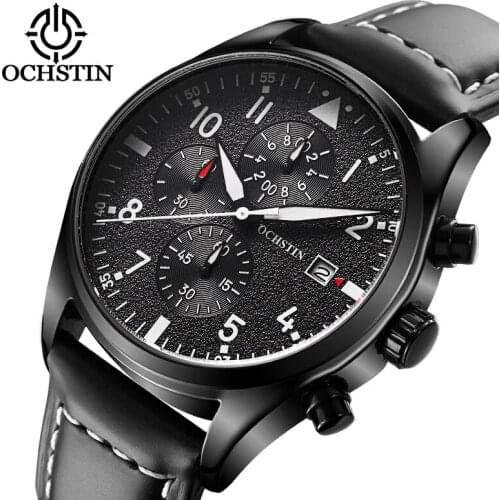 OCHSTIN Fashion Black Men Quartz Watch Genuine Leather Waterproof Watches Top Luxury Brand Luminous Sport Chronograph Date Clock