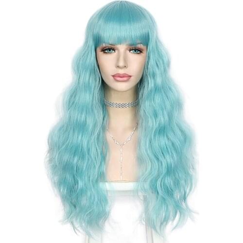 Long Machine Made Synthetic Fringe-Wig Simulated Scalp Light Blue Bang Wig Heat Resistant Fiber Wig Cosplay Drag Queen Party