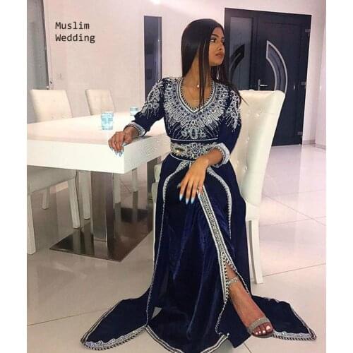 Navy Blue Morrocan Kaftan Evening Dress With Sleeve Luxury Long Velvet Prom Dress Beaded Crystal Elegant Formal Party Gown 2021