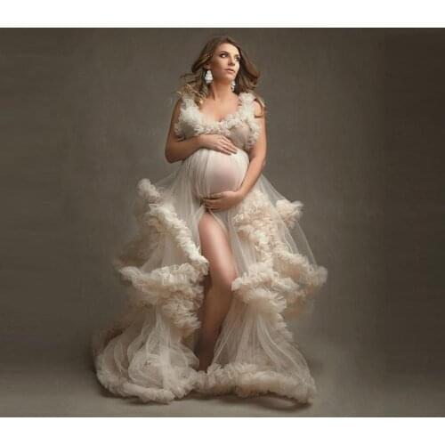 Unique Bridal Fluffy Tulle Robes Maternity Gowns With Straps Long Ball Gown Photography Pregnancy Dress Birthday Party Bathro