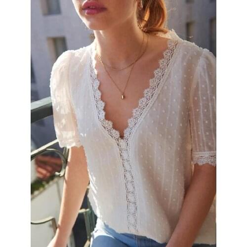 New Summer Elegant Office Lady White Hollow Tops Womens Lace Dots Short Sleeved V-neck Slim Shirt Ladies Fashion Casual Blouse