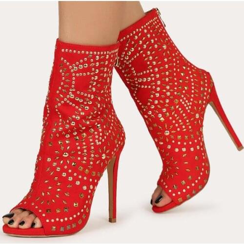 Moraima Snc Rivets Stud Embellished Peep Toe Stiletto Booties Sexy Open Toe Red Suede High Heel Shoes Ankle Boots