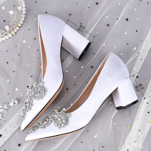 Wedding shoes womens thick heels, brides shoes, white wedding dress, princesss crystal shoes, silk satin dress and high heels