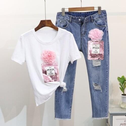 Amolapha Women Sequins Bottle T-shirts Denim Pants Sets Loose Tshirt+Calf-Length Trousers 2PCS Suits for Female Woman