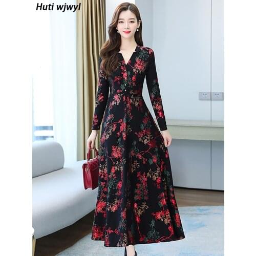 Vintage Knit Print Floral Plus Velvet Warm Vestido 2021 Autumn Winter Plus Size Women Bodycon Casual Maxi Dress Party Midi Dress