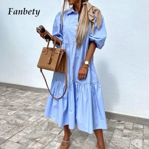 Women Casual Turn-Down Collar Loose Shirt Dress 2021 Summer Half Sleeve Buttons Ruffle Dress Ladies Elegant Solid Dress Vestidos