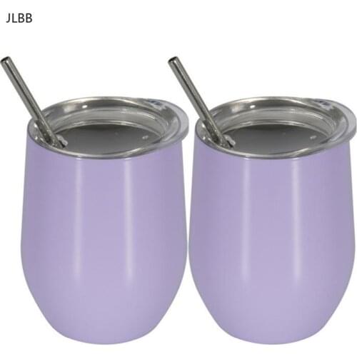2Pcs/set New Fashion 12oz Stainless Steel Wine Glass Beer Wine Cup Wine Tumbler Sippy Cup with Lid+Straw+Cleaning Brush