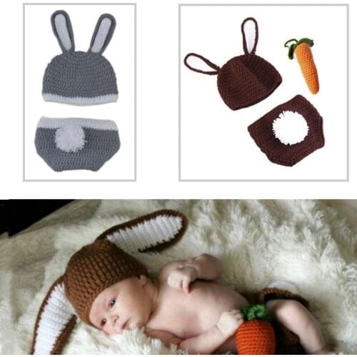 5Types Rabbit Photography Costume Newborn Handmade Crochet Knitted Hat And Diaper Cover Photo Props