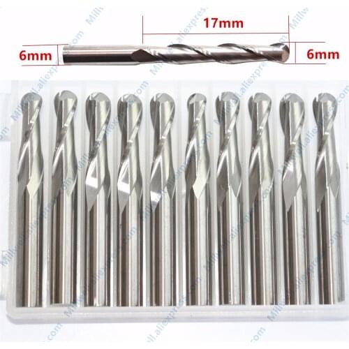 6mm*17mm-10pcs,free shipping cnc solid carbide end mill,woodworking router bit,wood tool,2 flute ball nose spherical cutter