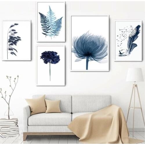 Watercolor Blue Botanical Leaf Poster Minimalist Nordic Flowers Plant Canvas Painting Wall Art Pictures For Living Room Decor