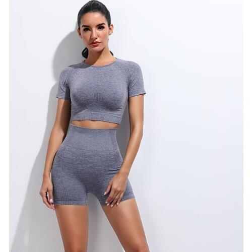 Seamless Women Vital Yoga Set Workout Shirts Sport Short Gym Clothing Short Crop Top High Waist Running Short Sports Set
