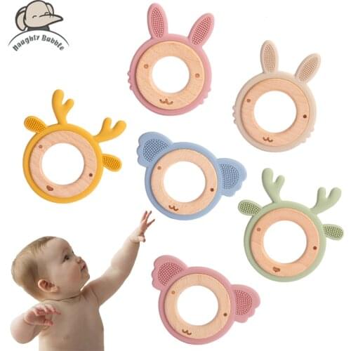 BPA Free Silicone Teething Ring Cartoon Animal Elk Rabbit Koala Teether Baby Rattle Wooden Baby Toys Baby Nursing Accessories