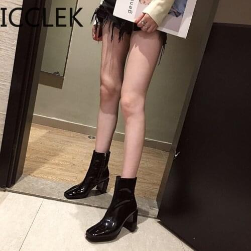 Ankle Black Block Thick Women Boots Winter 2020 Short Fashion Square Toe Chunky Wine Red Shoes Waterproof Patent Leather A240