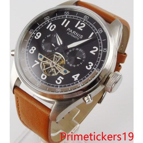 PARNIS 48mm hollow dial date week indicator leather band solid backcover automatic men watch