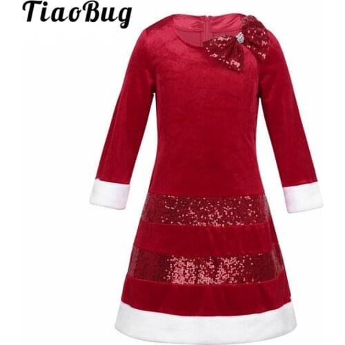 TiaoBug Girls Child Long Sleeve Sequins Bowknot White Faux Fur Christmas Costume Dress for Kid Xmas Santa Cosplay Party Dress Up