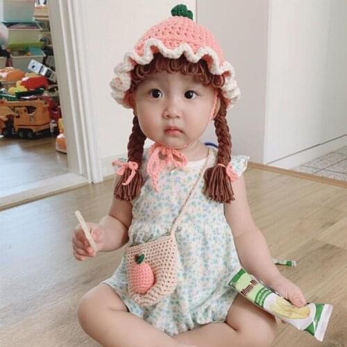 Kids Girl Princess Headdress Beautiful Hat Wigs Children Knitted Woolen Hats for Girl Cute Bangs Braids Christmas Birthday Gift