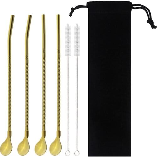 Long Straw Spoons Metal Multicolor Scoop 304 Stainless Steel Straight Reusable Straw Bar Cocktail Coffee Stirring Drinking Spoon