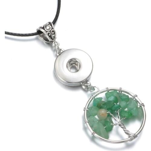 DZ1724c Fashion Natural stone beads Leather Necklaces Mini Crystal Tree of Life Pendant Necklace For Snap Button Jewelry